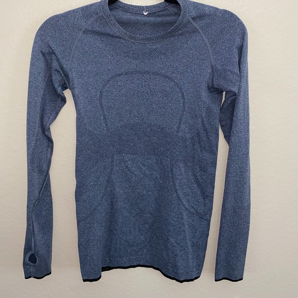 Lululemon Swiftly Shirt, Dark Grey, Size 4 with thumb holes and hidden messages